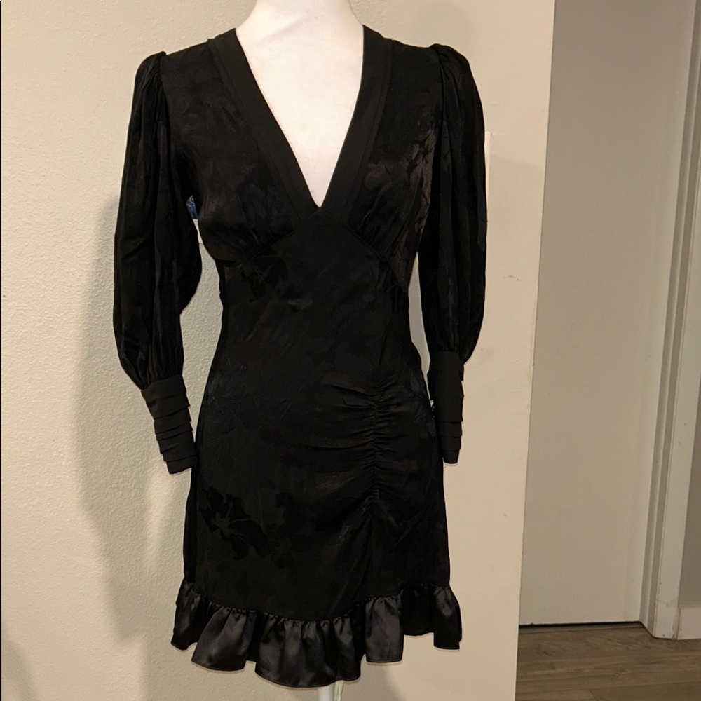 LoveShackFancy Black Jacquard Puff Sleeve Mini Dress XS Satin Ruffle Hem NWT - Picture 4 of 16